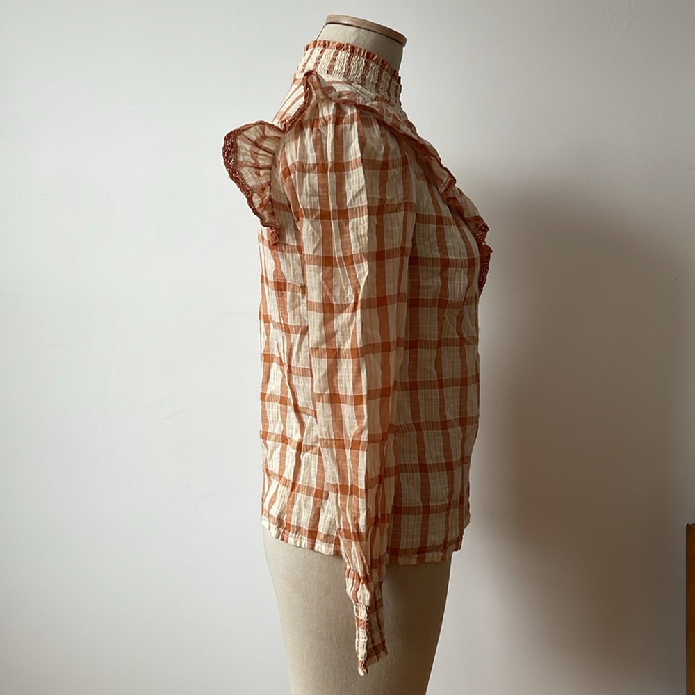 Sezane Marty rust & cream plaid blouse sz. 34 Victorian style gauzy boho - Picture 4 of 6